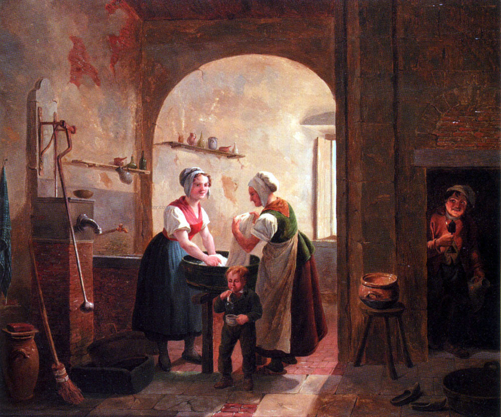 Constantin Fidele Coene Washerwomen In A Sunlit Basement With A Young Boy Blowing Bubbles - Hand Painted Oil Painting