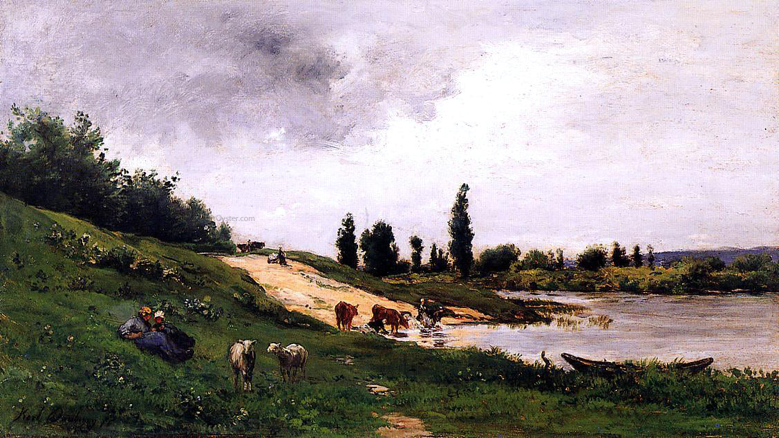 Charles Francois Daubigny Washerwomen on the Riverbank - Hand Painted Oil Painting