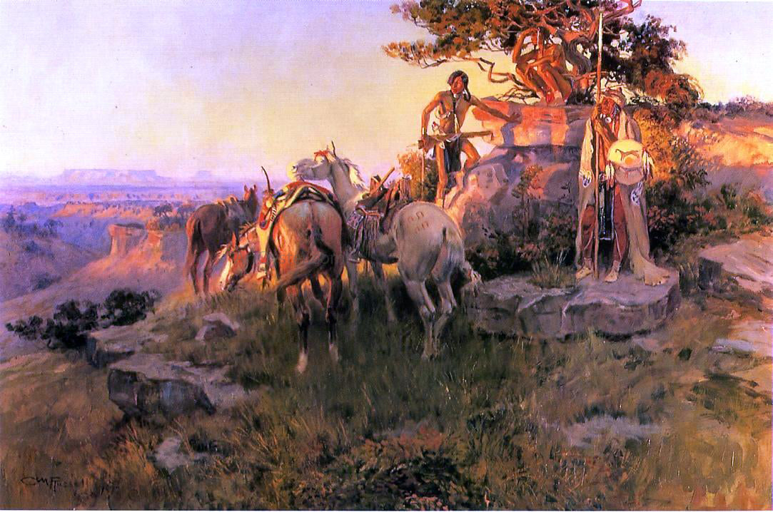 Charles Marion Russell Watching for Wagons - Hand Painted Oil Painting