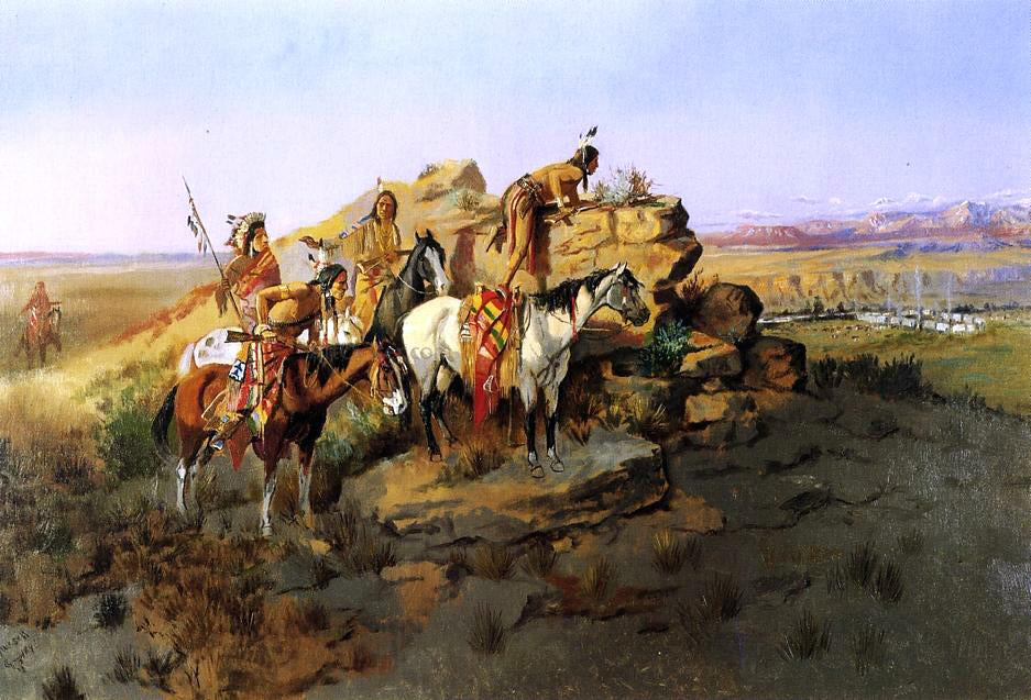 Charles Marion Russell Watching the Settlers - Hand Painted Oil Painting