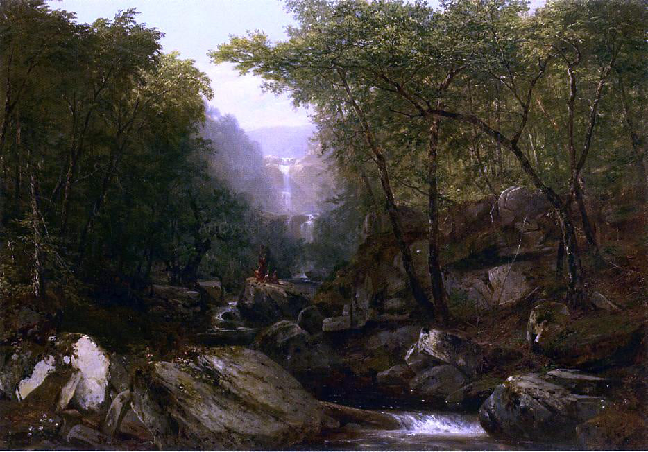 John Frederick Kensett Waterfall in the Woods with Indians - Hand Painted Oil Painting