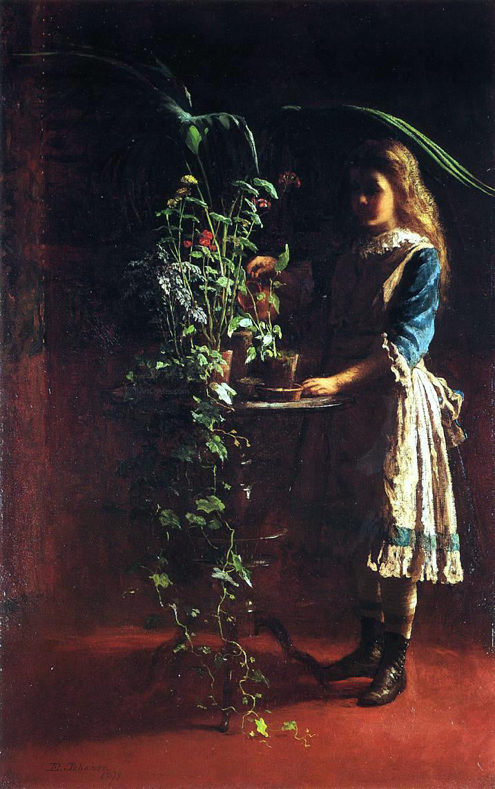 Eastman Johnson Watering Flowers - Hand Painted Oil Painting