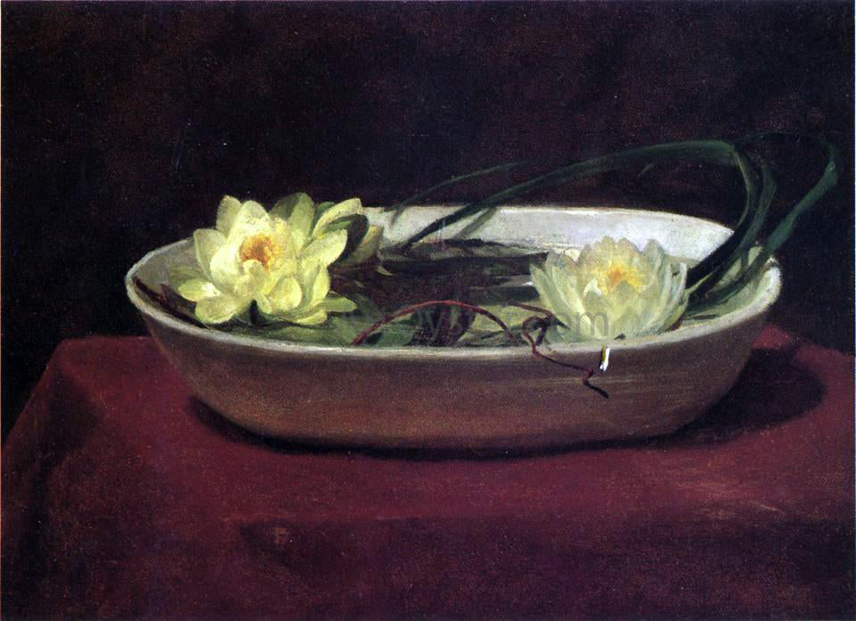 John La Farge Water-Lilies in a White Bowl - with Red Table Cover - Hand Painted Oil Painting