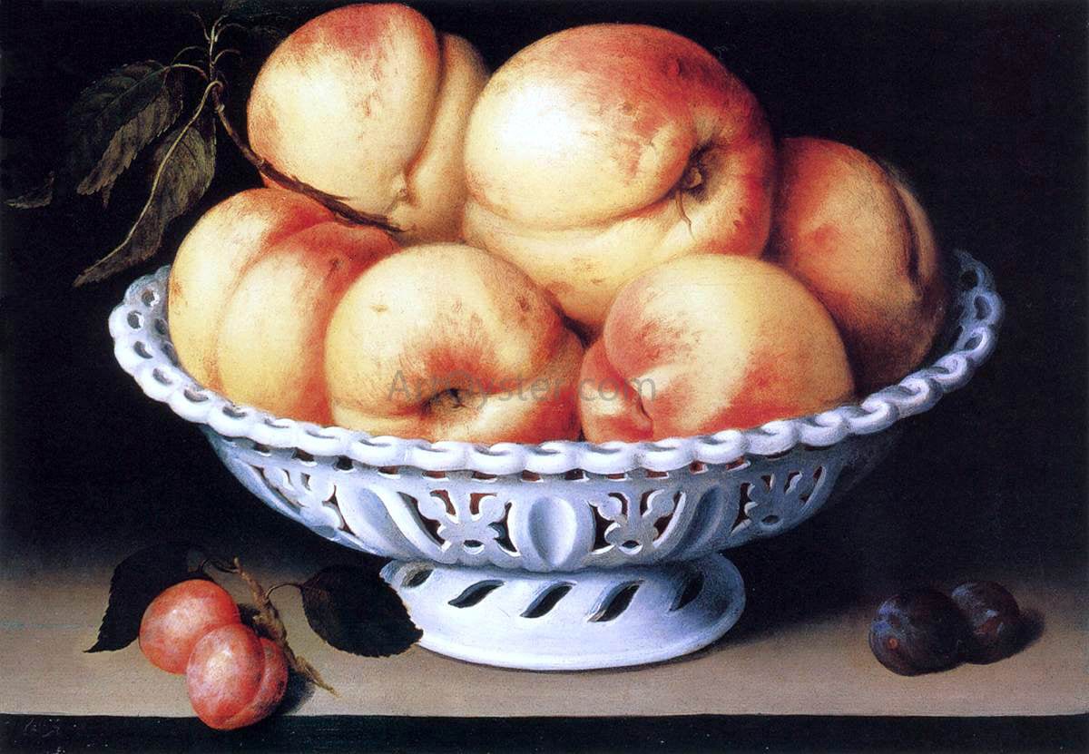 Fede Galizia White Ceramic Bowl with Peaches and Red and Blue Plums - Hand Painted Oil Painting
