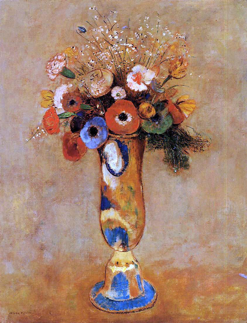Odilon Redon Wildflowers in a Long Necked Vase - Hand Painted Oil Painting