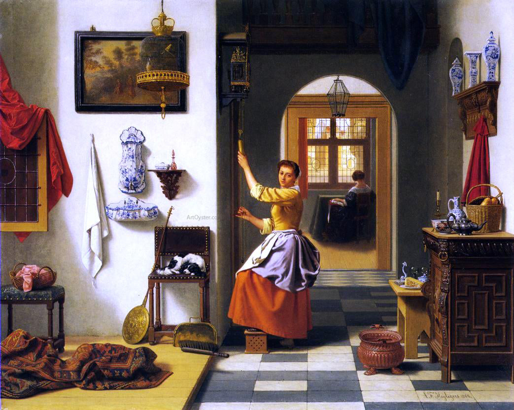 Antoon Francois Heyligers Winding the Clock - Hand Painted Oil Painting