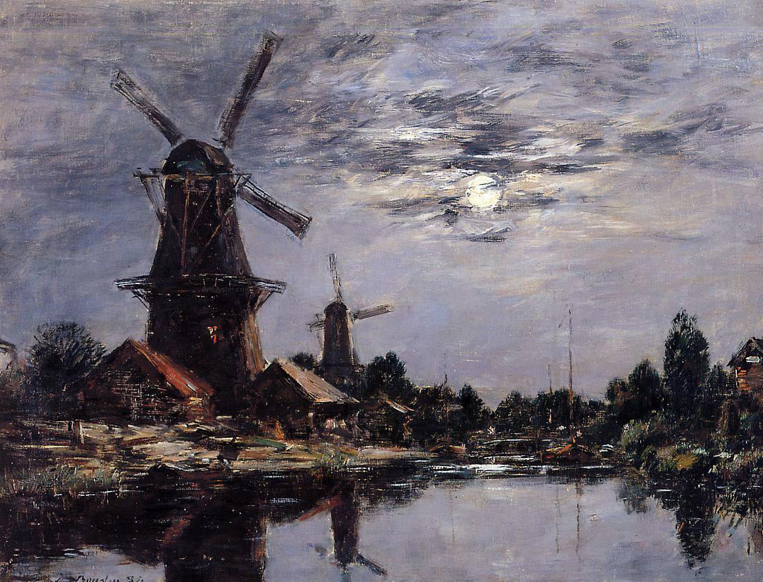 Eugene-Louis Boudin Windmills and Canel near Dordrecht - Hand Painted Oil Painting