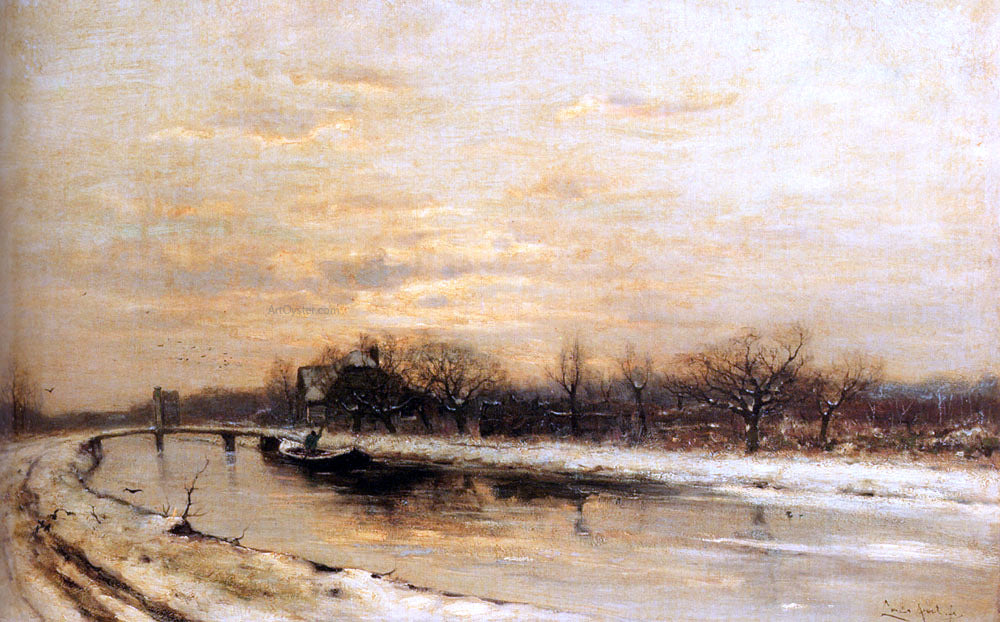 Louis Apol Winter: An Orchard Alongside A Canal With A Farmhouse In The Distance At Dusk - Hand Painted Oil Painting