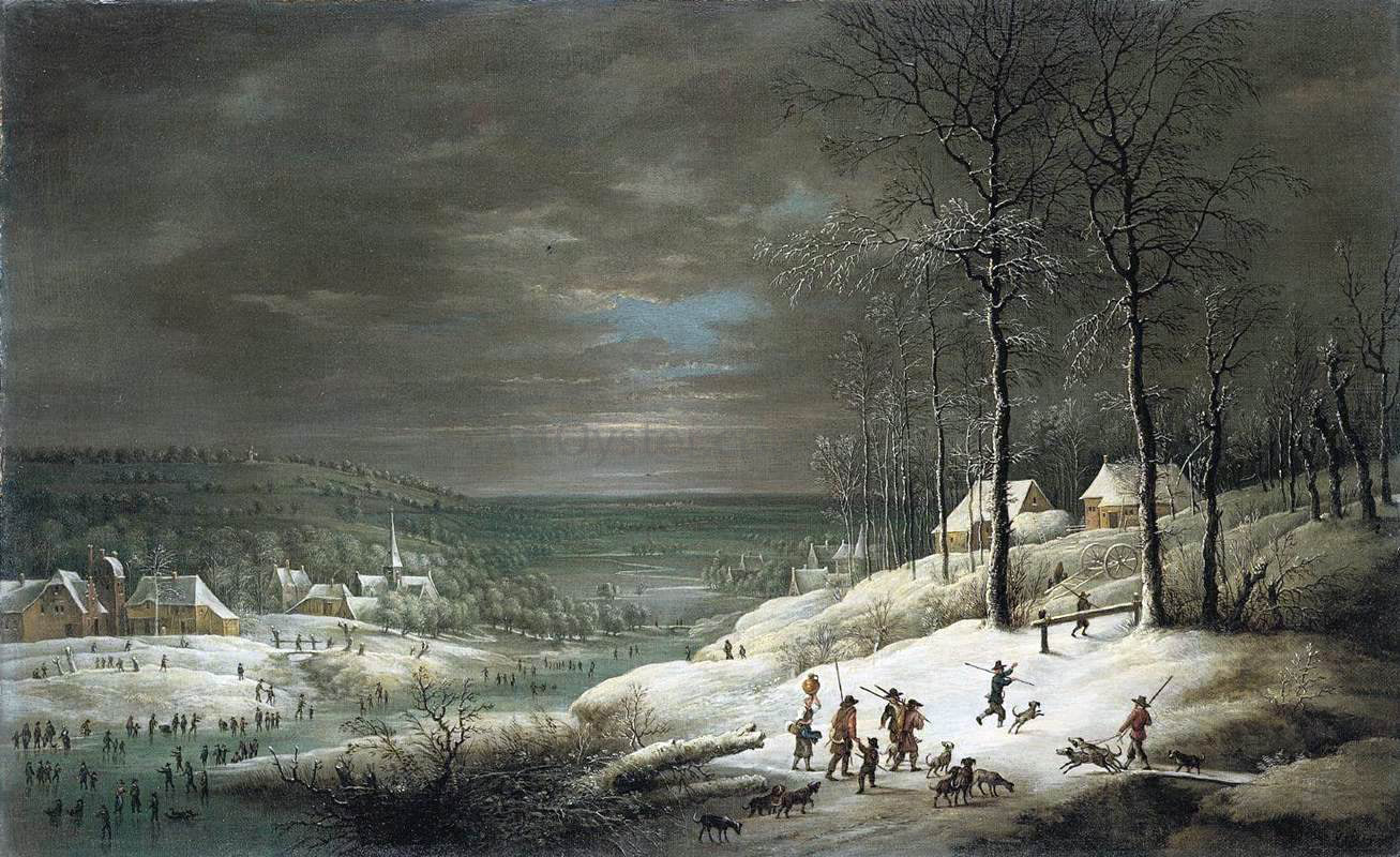Lucas Van Uden Winter Landscape with Hunters - Hand Painted Oil Painting