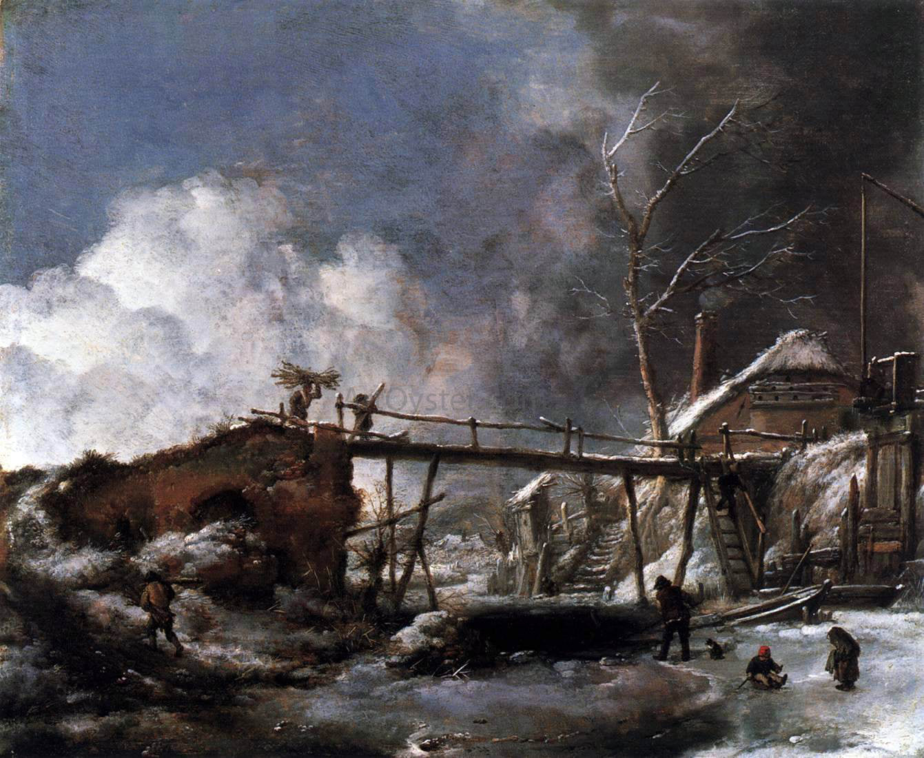 Philips Wouwerman Winter Landscape with Wooden Bridge - Hand Painted Oil Painting