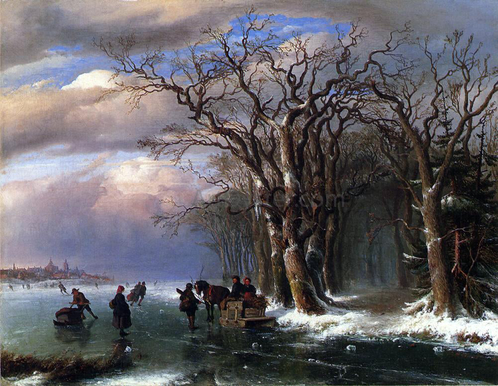 Louis Remy Mignot Winter Skating Scene - Hand Painted Oil Painting