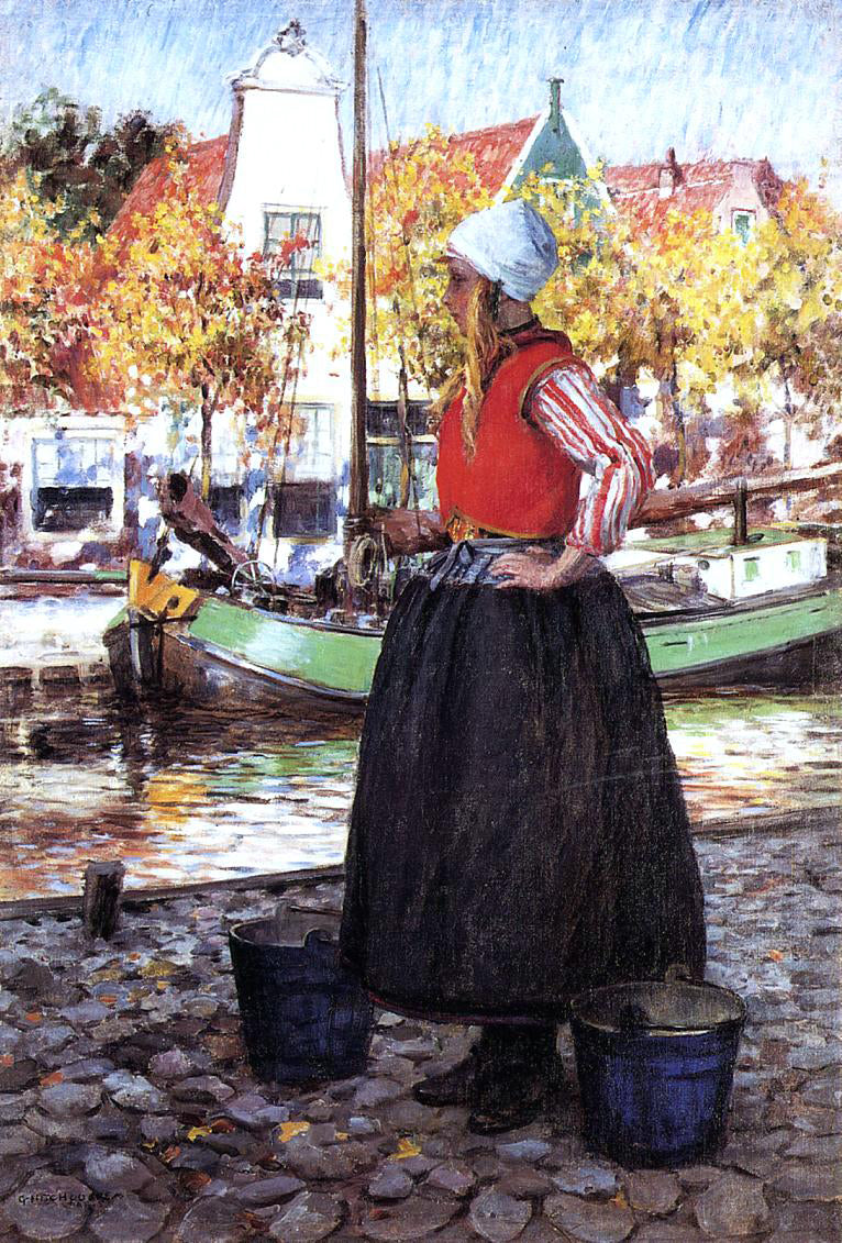 George Hitchcock Woman Along Canal - Hand Painted Oil Painting