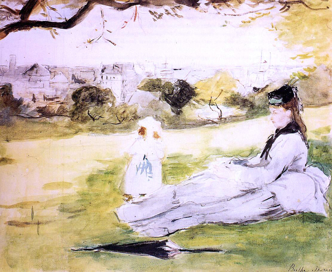 Berthe Morisot Woman and Child Seated in a Meadow - Hand Painted Oil Painting