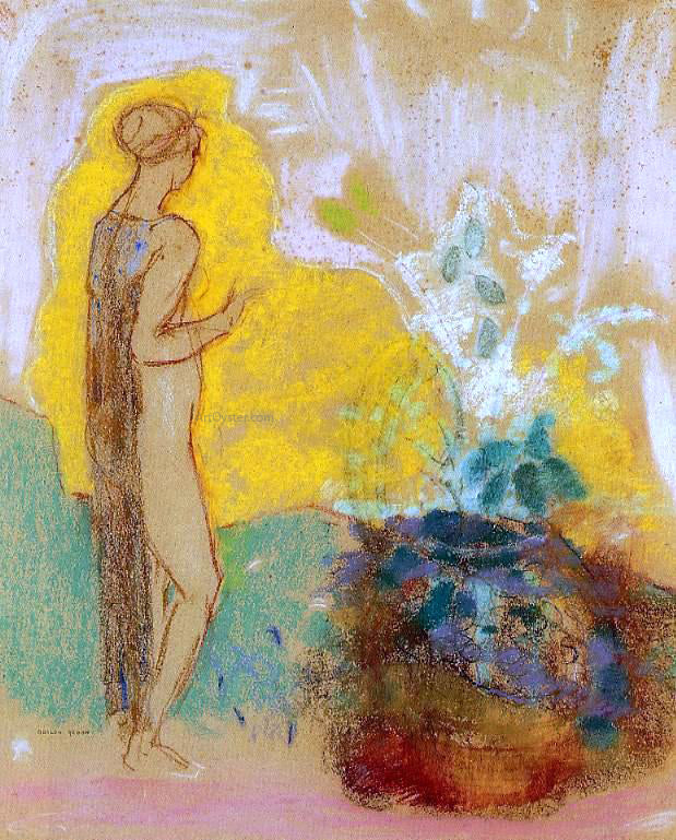 Odilon Redon Woman and Stone Pot Full of Flowers - Hand Painted Oil Painting