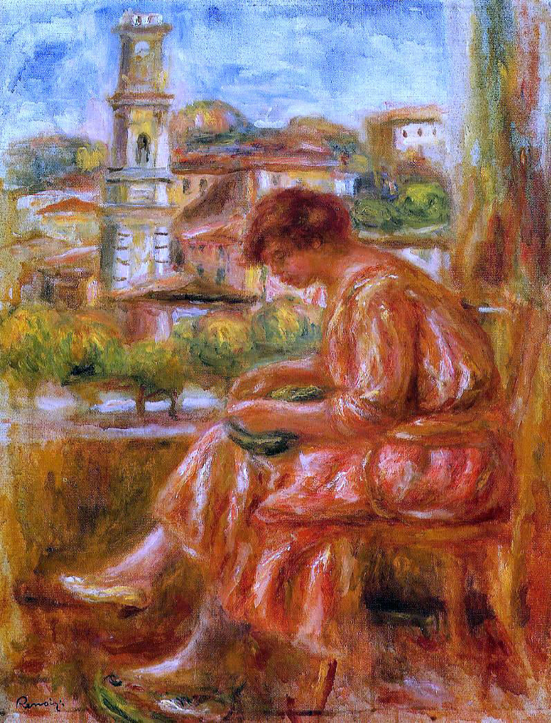 Pierre Auguste Renoir Woman at the Window with a View of Nice - Hand Painted Oil Painting