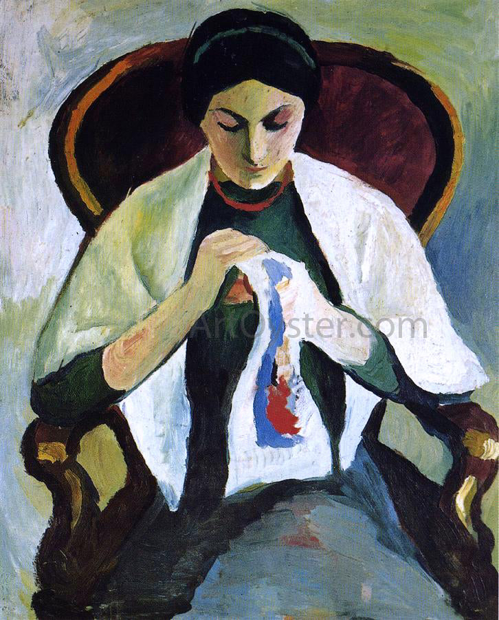  August Macke Woman Embroidering in an Armchair: Portrait of the Artist's Wife - Hand Painted Oil Painting