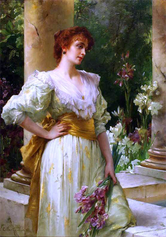 Conrad Kiesel Woman Holding Irises - Hand Painted Oil Painting