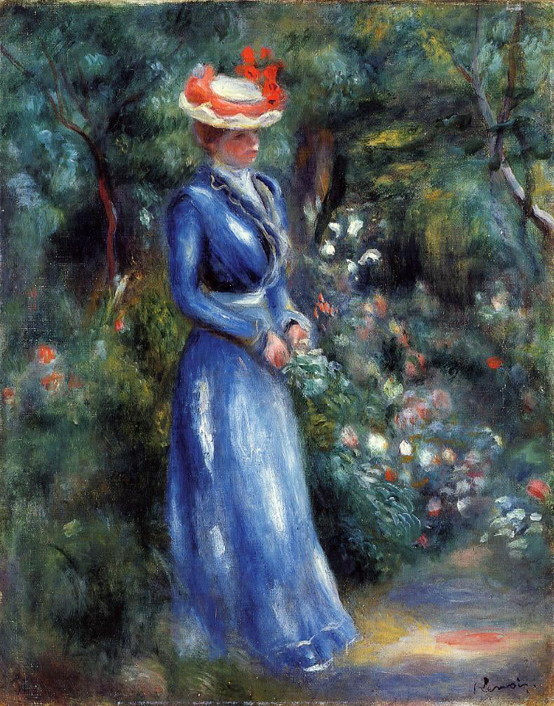 Pierre Auguste Renoir Woman in a Blue Dress, Standing in the Garden of Saint-Cloud - Hand Painted Oil Painting