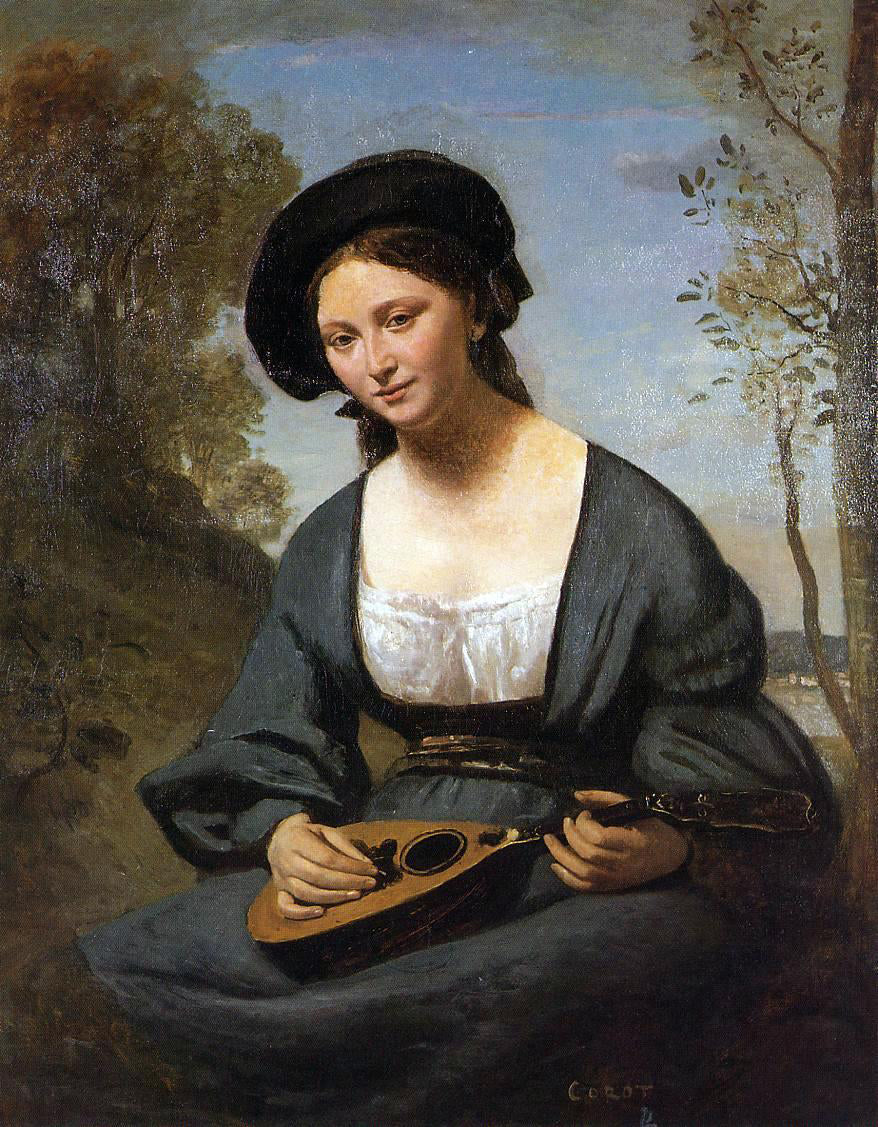  Jean-Baptiste-Camille Corot Woman in a Toque with a Mandolin - Hand Painted Oil Painting