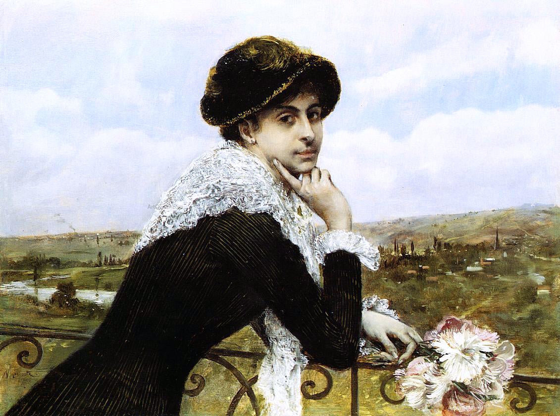 Norbert Goeneutte Woman on a Balcony - Hand Painted Oil Painting