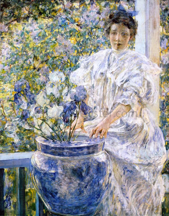  Robert Lewis Reid Woman on a Porch with Flowers - Hand Painted Oil Painting