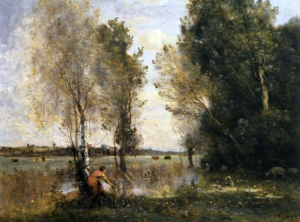 Jean-Baptiste-Camille Corot Woman Picking Flowers in a Pasture - Hand Painted Oil Painting