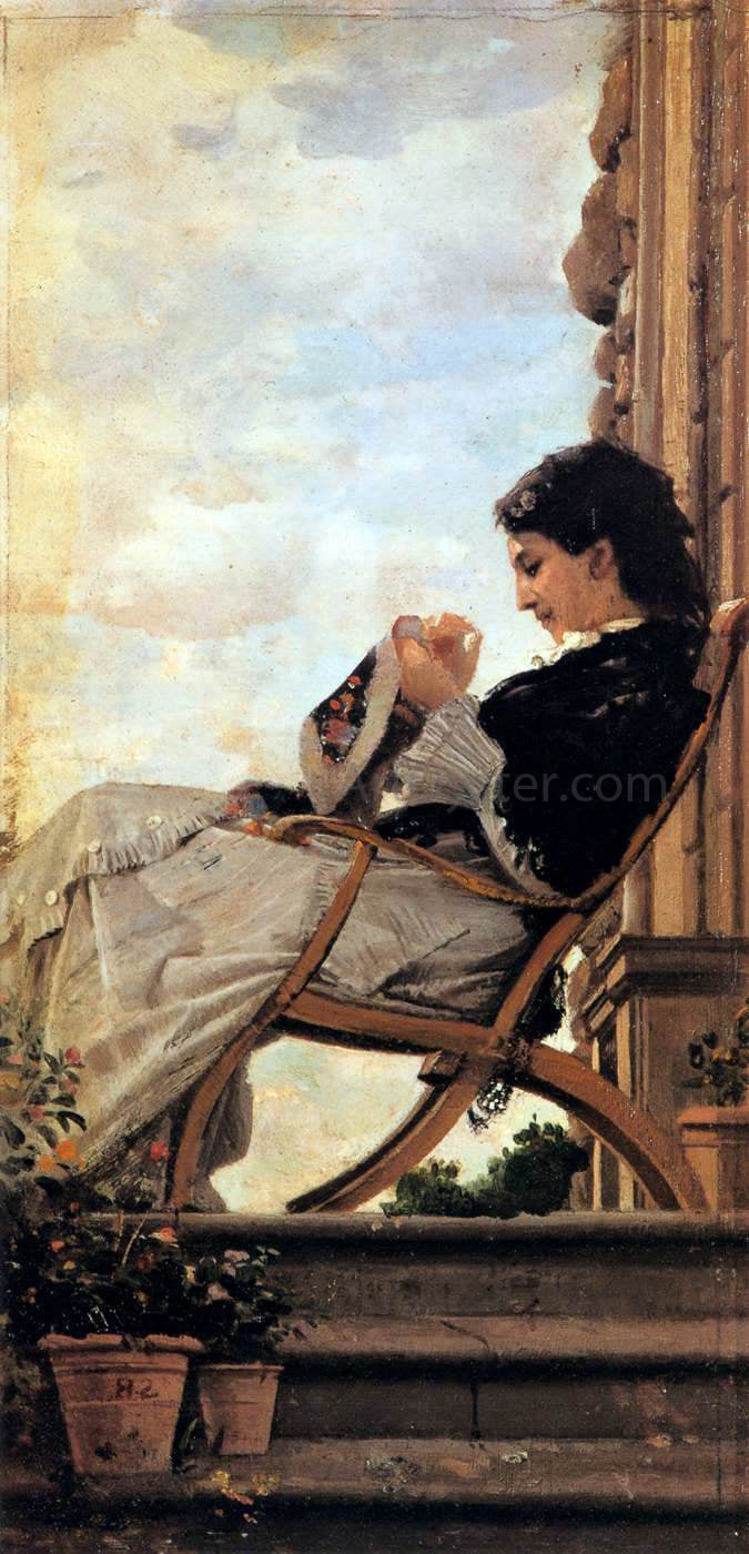 Cristiano Banti Woman Sewing on the Terrace - Hand Painted Oil Painting