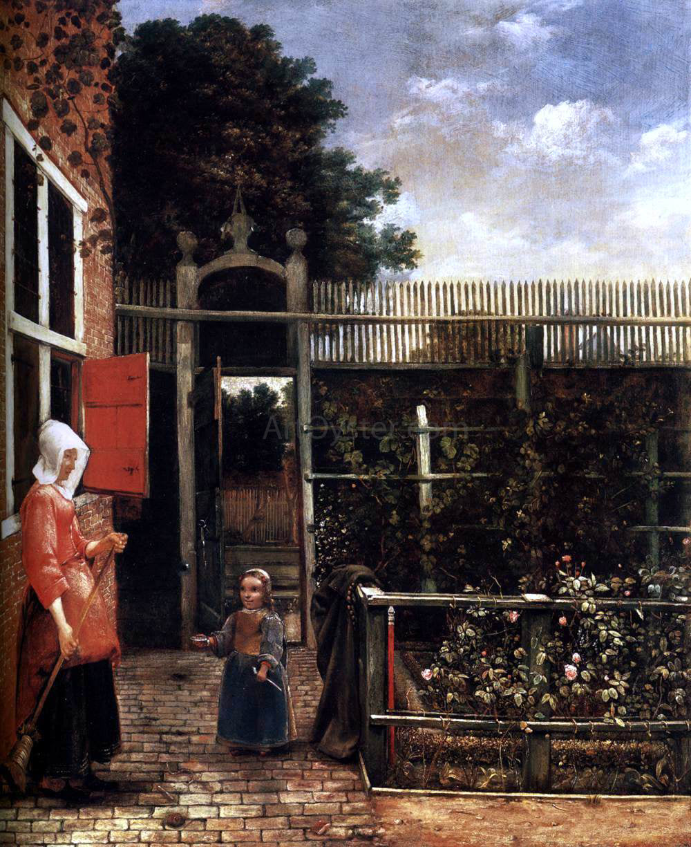 Hendrick Van der Burch Woman with a Child Blowing Bubbles in a Garden - Hand Painted Oil Painting