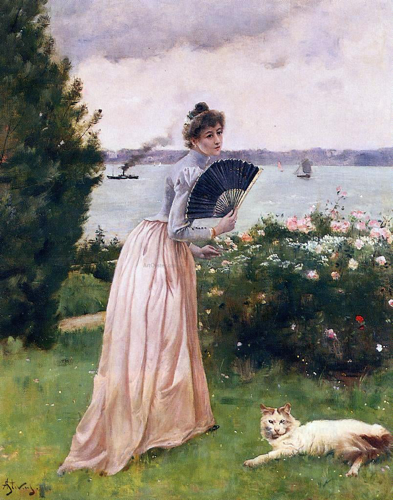 Alfred Emile Leopold Stevens Woman with a Fan - Hand Painted Oil Painting