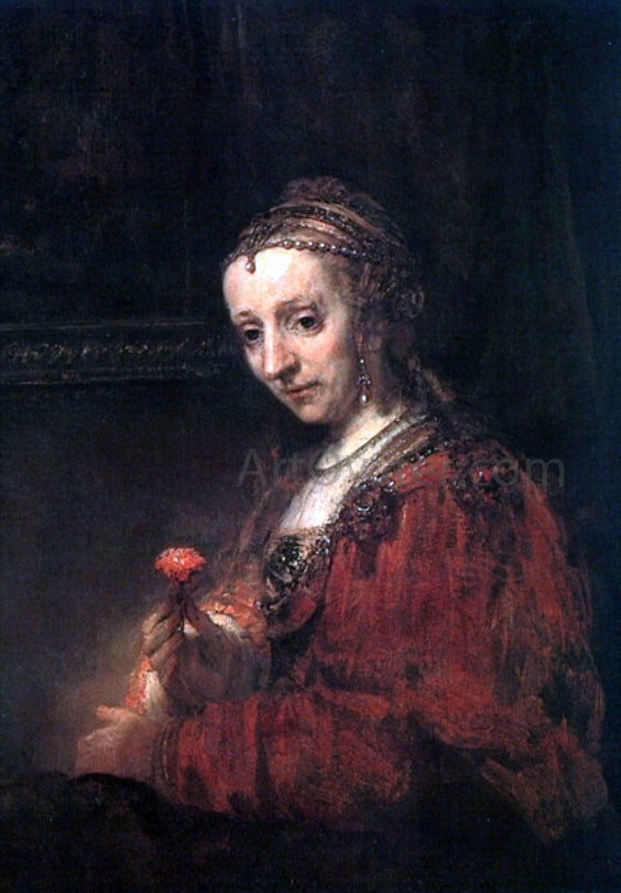 Rembrandt Van Rijn Woman with a Pink - Hand Painted Oil Painting