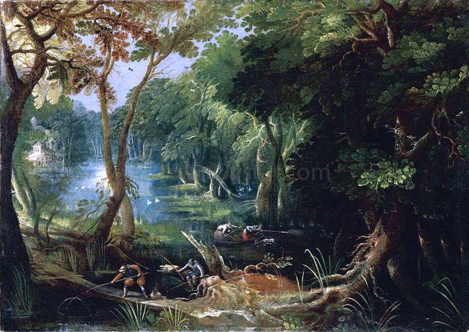 Frederik Van Valkenborch Wooded River Landscape - Hand Painted Oil Painting