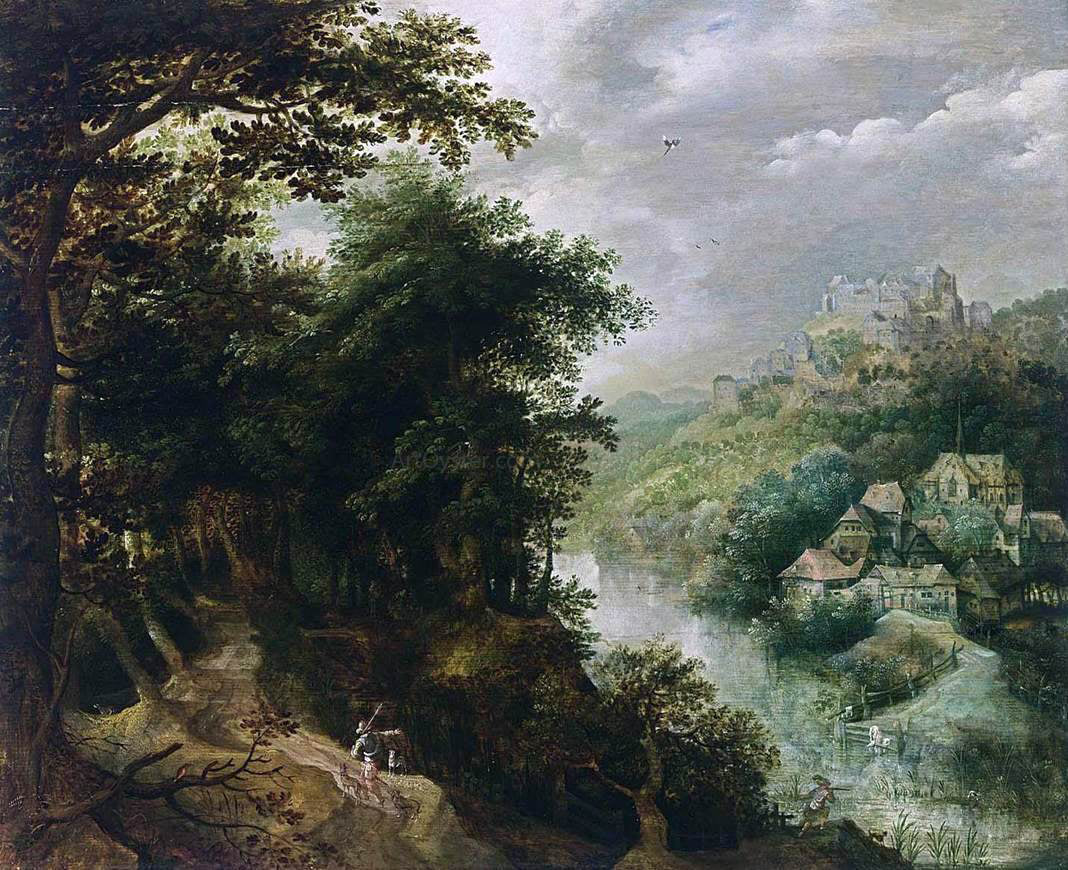 Anthonie Mirou Wooded River Landscape - Hand Painted Oil Painting