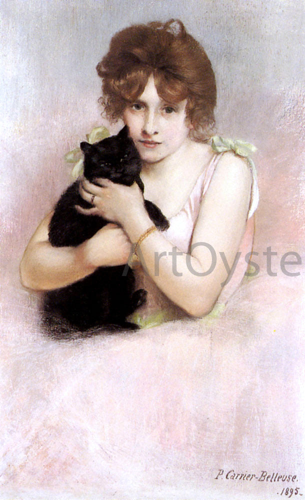 Pierre Carrier-Belleuse Young Ballerina Holding a Black Cat - Hand Painted Oil Painting
