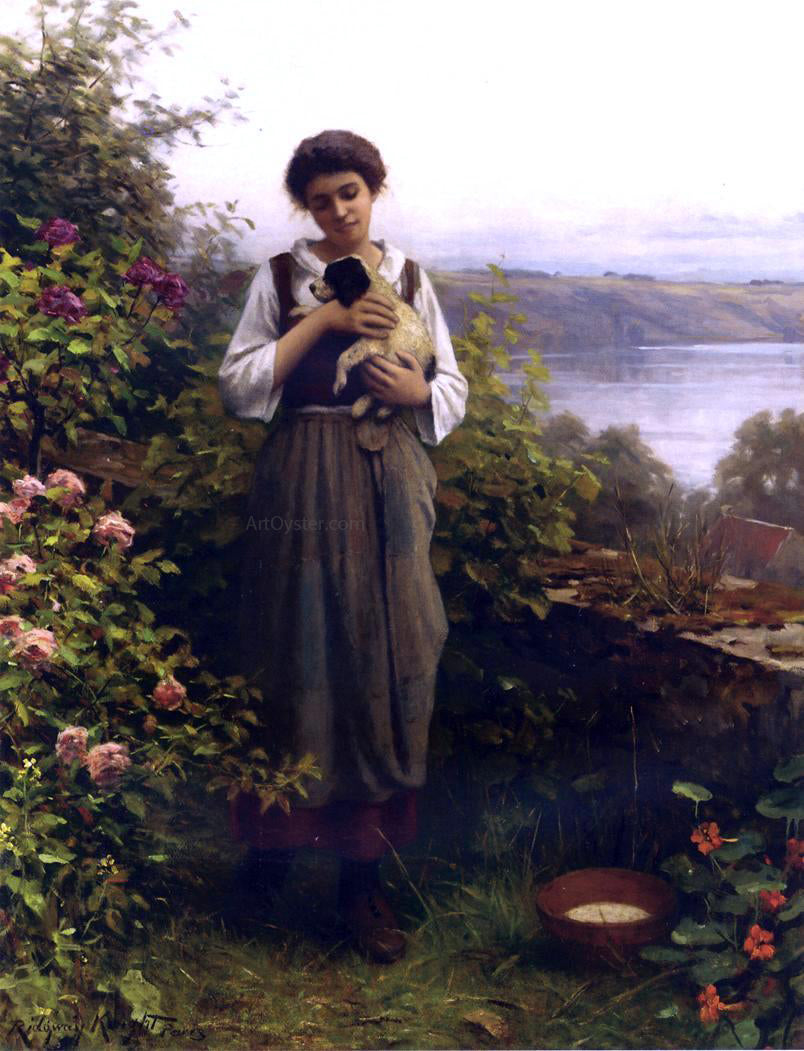 Daniel Ridgway Knight Young Girl Holding a Puppy - Hand Painted Oil Painting