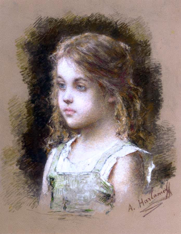 Alexei Alexeievich Harlamoff Young Girl in a Green Tunic - Hand Painted Oil Painting