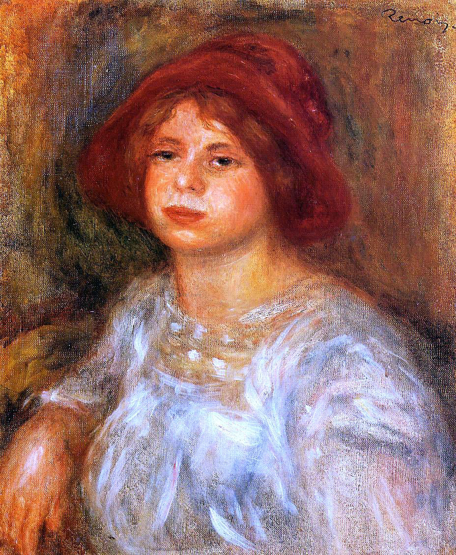 Pierre Auguste Renoir Young Girl Wearing a Red Hat - Hand Painted Oil Painting