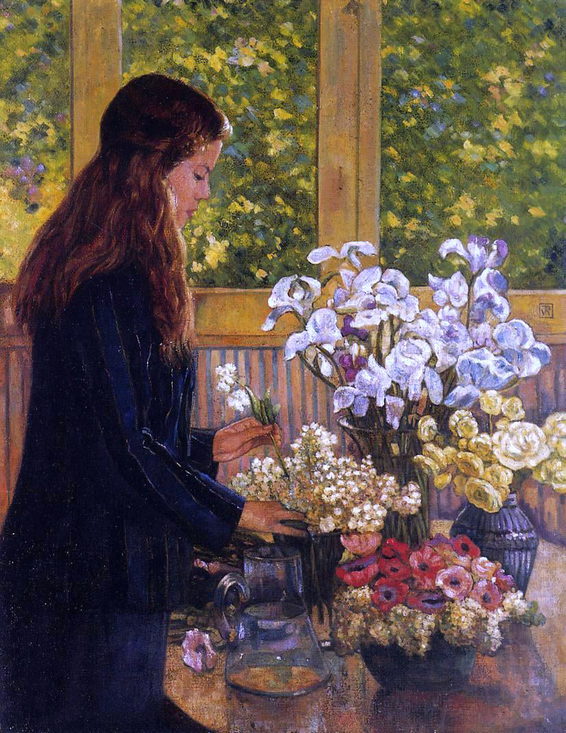 Theo Van Rysselberghe Young Girl with a Vase of Flowers - Hand Painted Oil Painting
