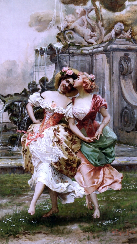 Gioacchino Pagliei Young Girls Dancing by a Fountain - Hand Painted Oil Painting