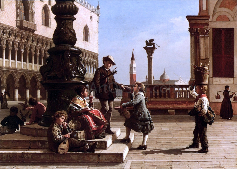 Antonio Paoletti Young Musicians in Piazza San Marco, Venice - Hand Painted Oil Painting