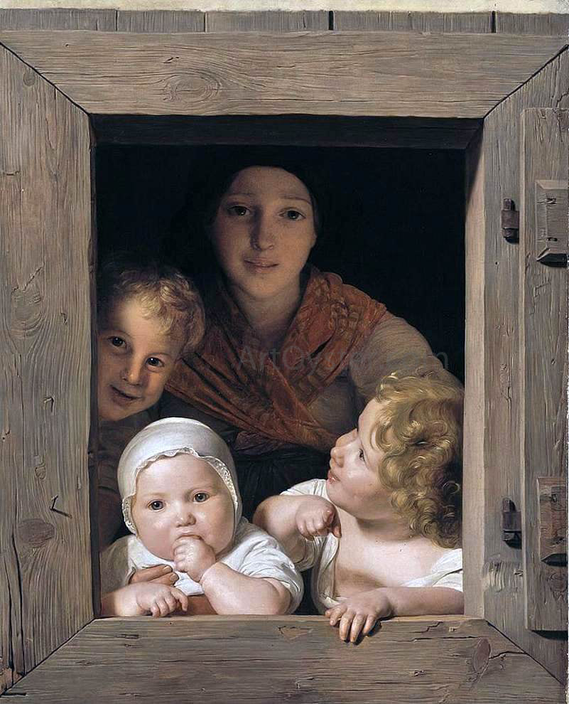 Ferdinand Georg Waldmuller Young Peasant Woman with Three Children at the Window - Hand Painted Oil Painting