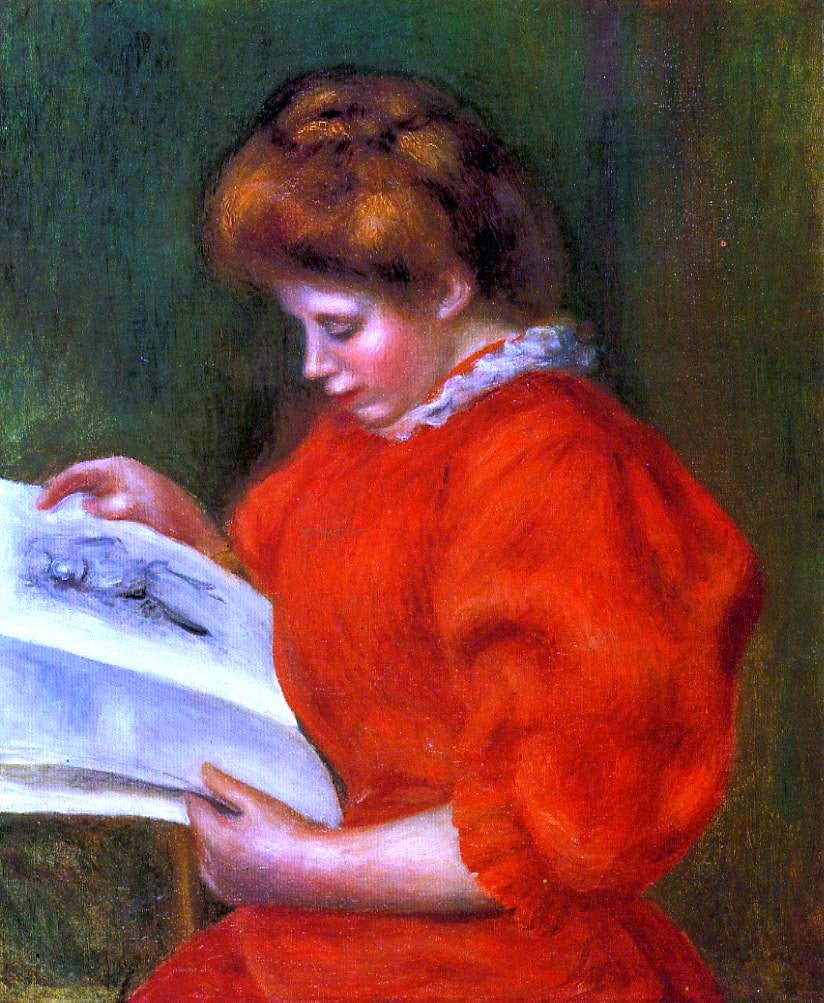 Pierre Auguste Renoir Young Woman Looking at a Print - Hand Painted Oil Painting