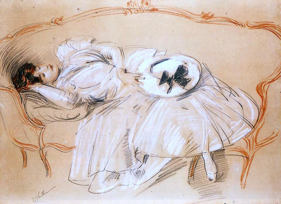 Paul Cesar Helleu Young Woman on a Divan - Hand Painted Oil Painting