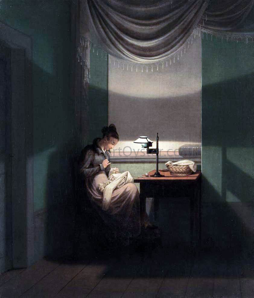  Georg Friedrich Kersting Young Woman Sewing by the Light of a Lamp - Hand Painted Oil Painting