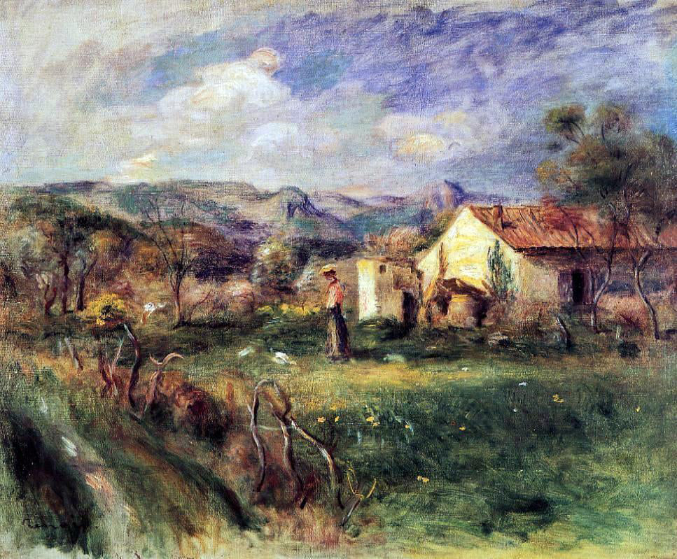 Pierre Auguste Renoir Young Woman Standing near a Farmhouse in Milly - Hand Painted Oil Painting