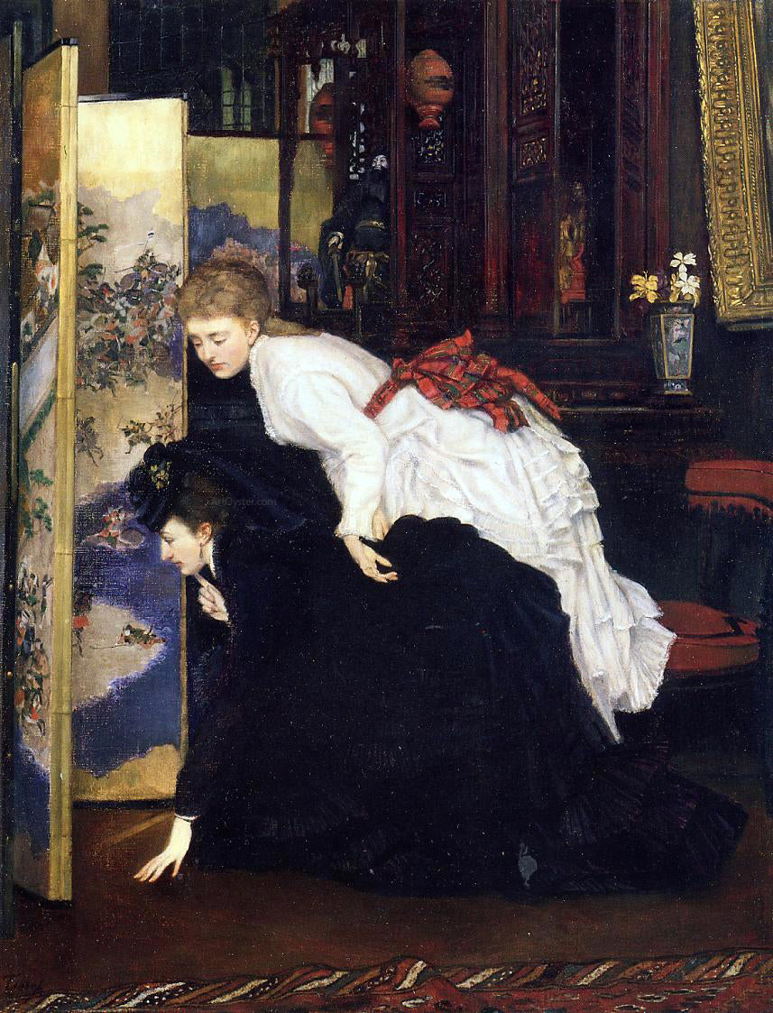 James Tissot Young Women Looking at Japanese Objects - Hand Painted Oil Painting