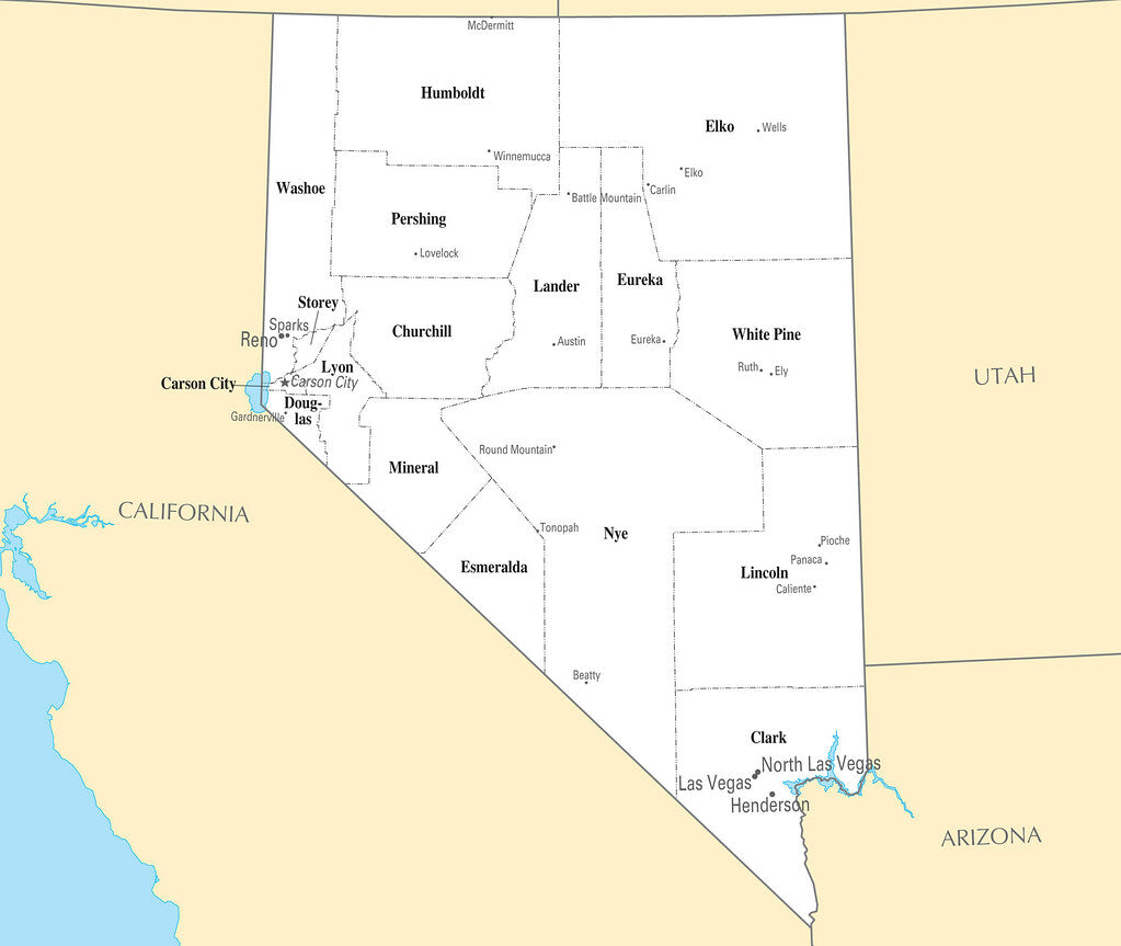 Map of Nevada NV - County Map with selected Cities and Towns Framed Push Pin Map