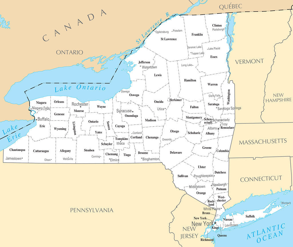 Map of New York NY - County Map with selected Cities and Towns Framed Push Pin Map