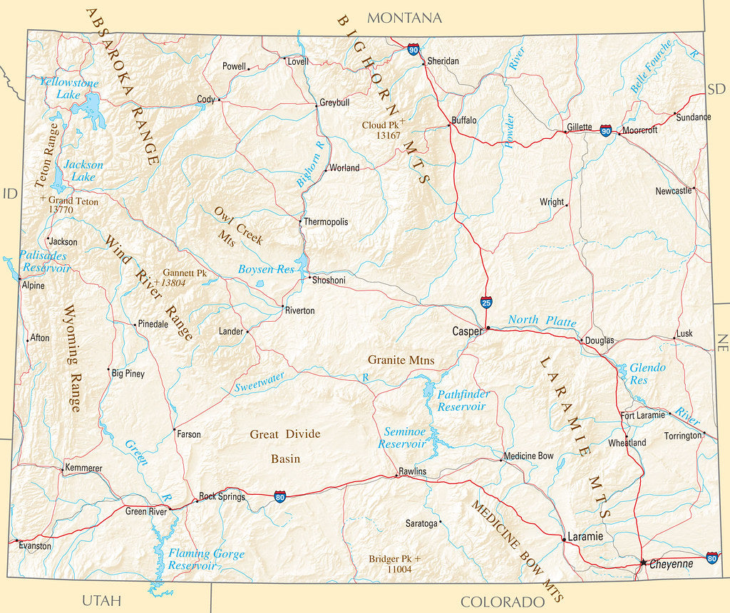 Map of Wyoming WY - Reference Map Framed Push Pin Map