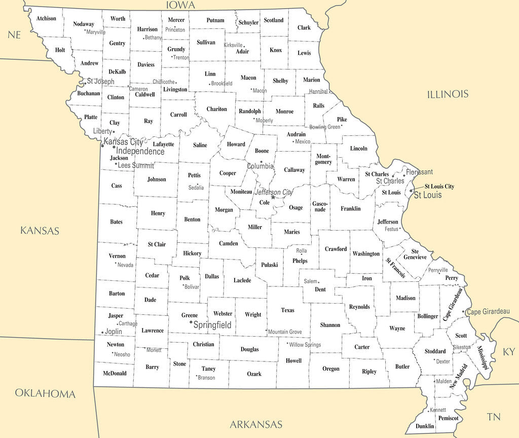 Map of Missouri MO - County Map with selected Cities and Towns Framed Push Pin Map