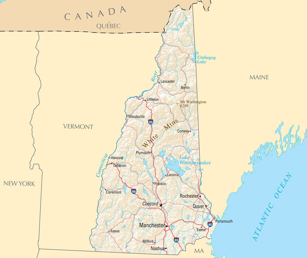 Map of New Hampshire NH - Reference Map Framed Push Pin Map
